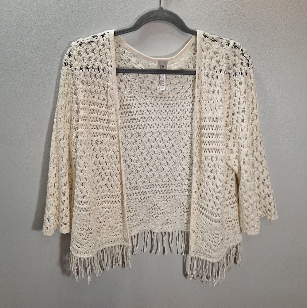 Y2K Ivory Fairy Open Front Crochet Knit Cardigan Fringe Cottage Dainty Large USA
